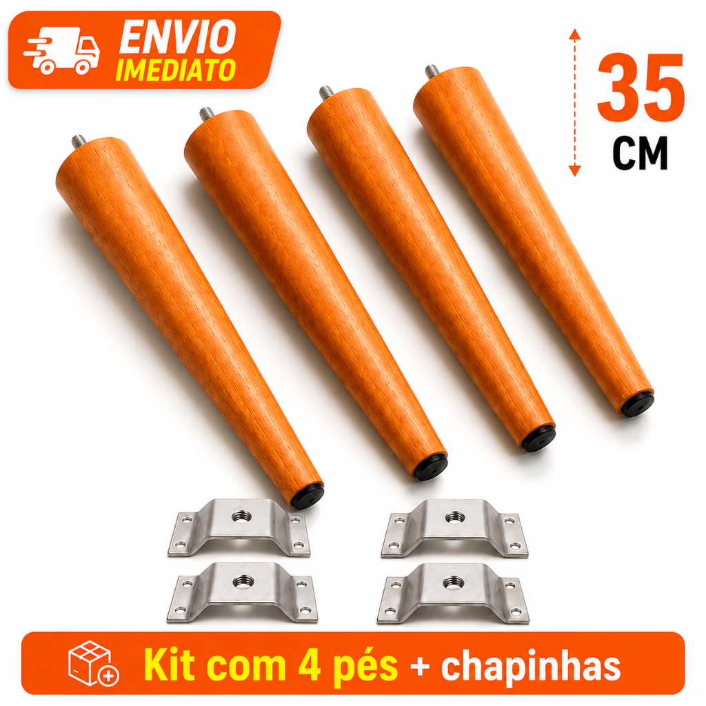 Pés Palitos 35 Cm + Chapinhas Angulo 10º Graus para Rack, Mesa, Sofás, Poltronas e Pufs