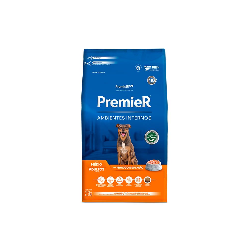 Ração Premier Ambientes Internos Cães Adultos Médio Frango e Salmão 12 kg
