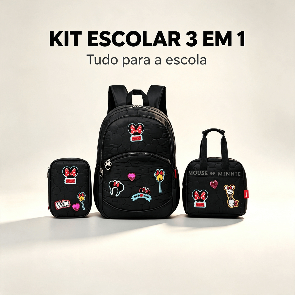 Kit Minnie Mochila Lancheira Estojo Escolar Infantil Disney