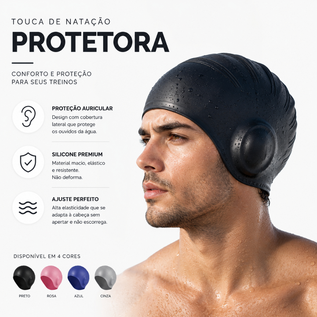 Touca de Natação Silicone Adulto com Proteção Auricular Impermeável Alta Elasticidade Unissex Piscina