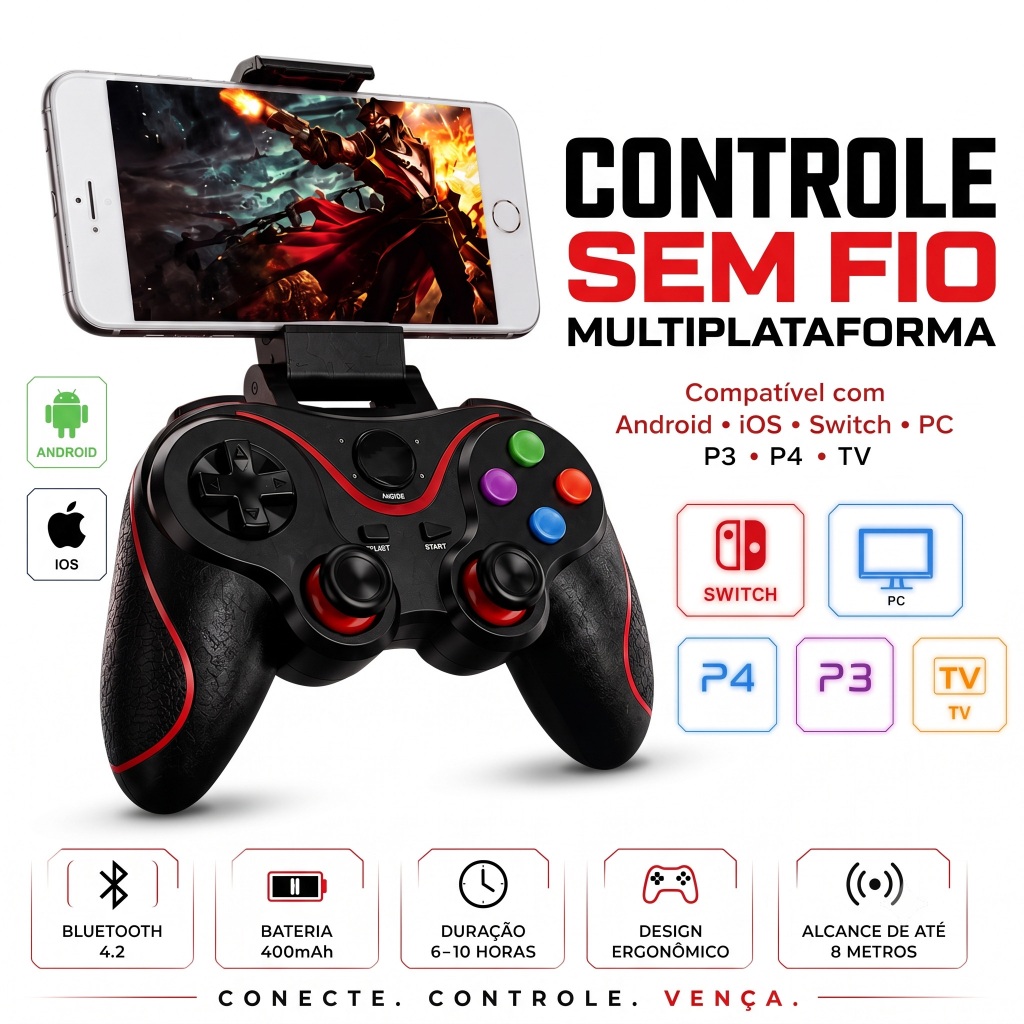 Controle Bluetooth Gamer Sem Fio para Celular Android iPhone PC Switch PS3 Recarregável Baixa Latência com Suporte