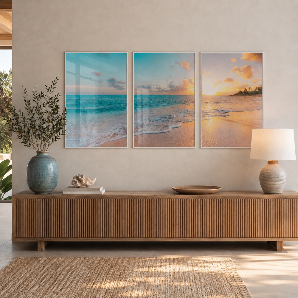 Quadro Decorativo 3 Telas Paisagem Mar Praia Para Sala Quarto Escritório