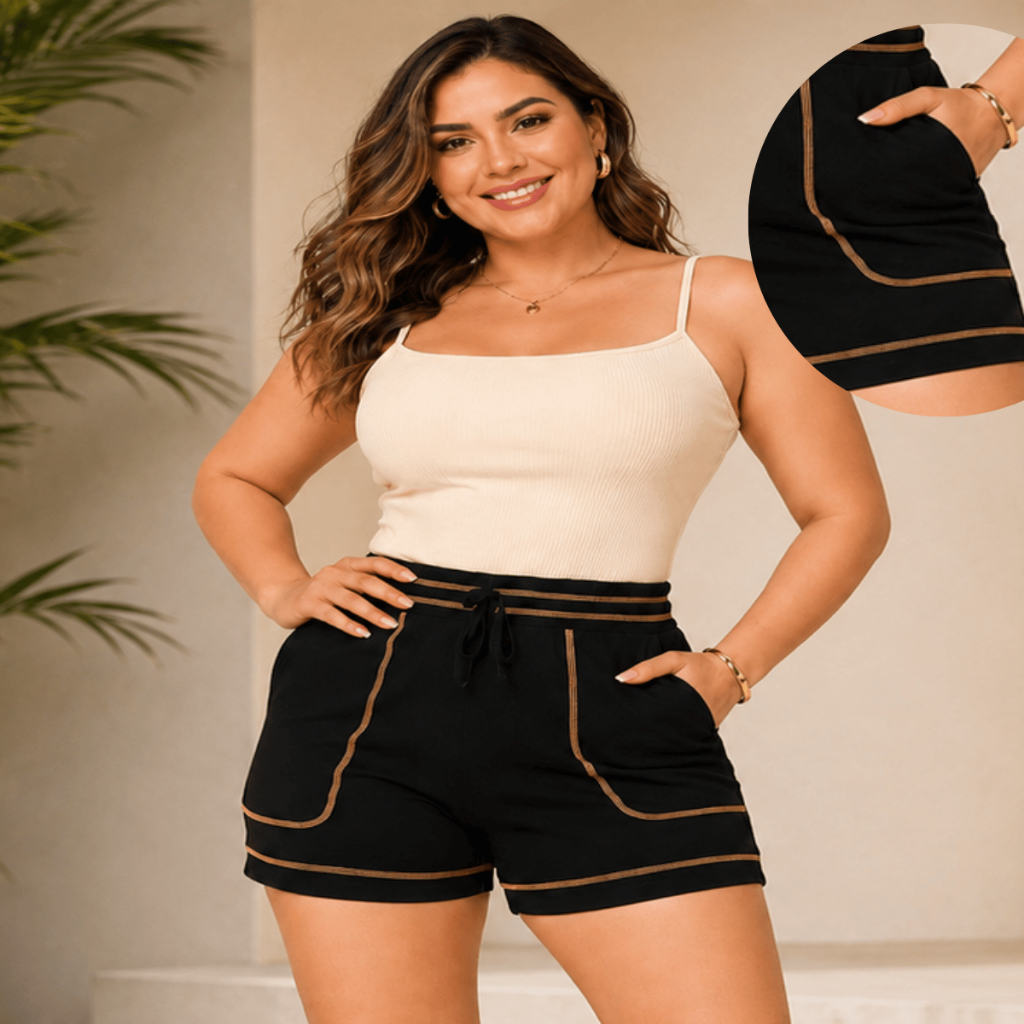 Short Feminino Cintura Alta Viscolycra Bolso M ao XG Costura Contrastante Confortável Estiloso