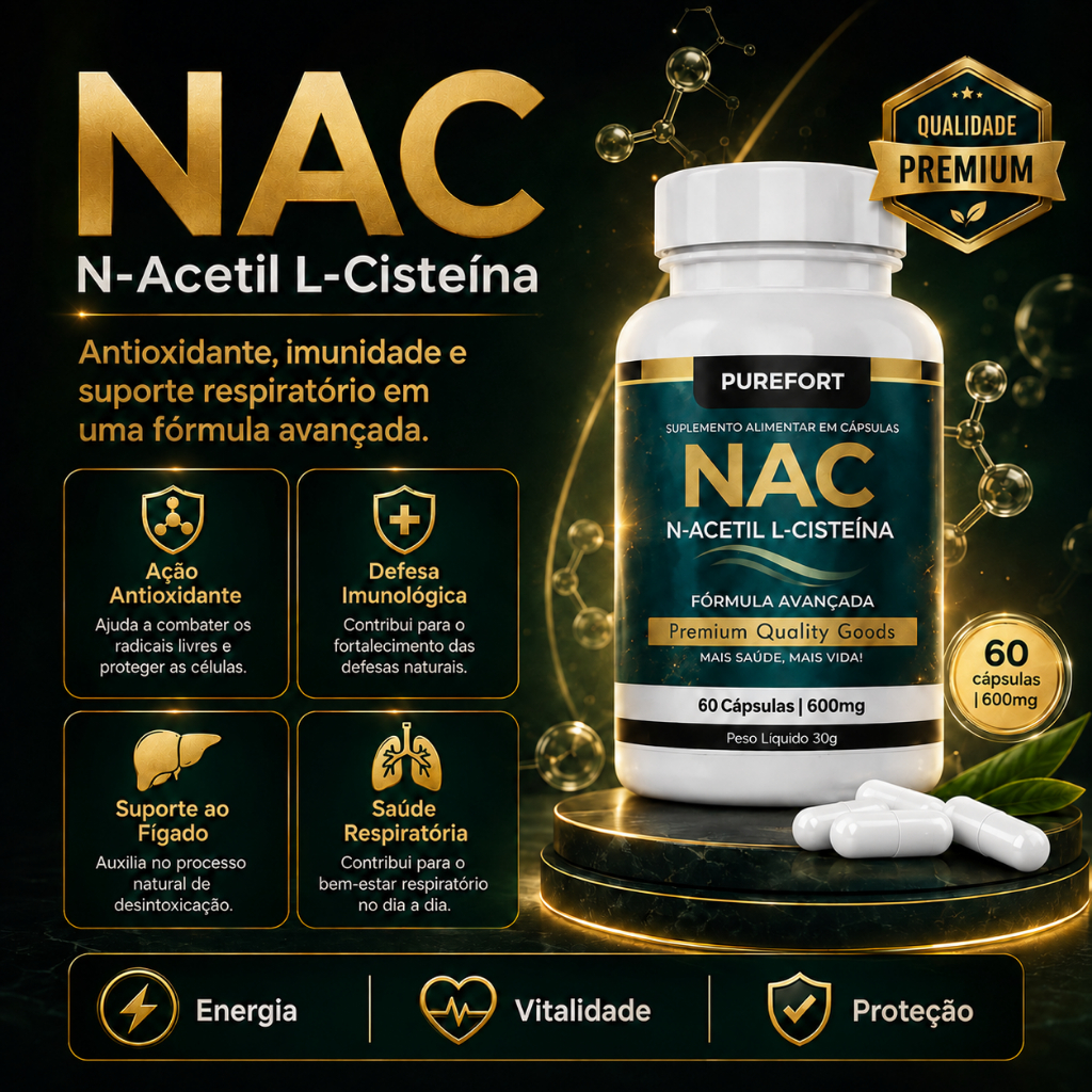 NAC 600mg Premium N-Acetilcisteína | Precursor da Glutationa | Imunidade e Saúde do Fígado