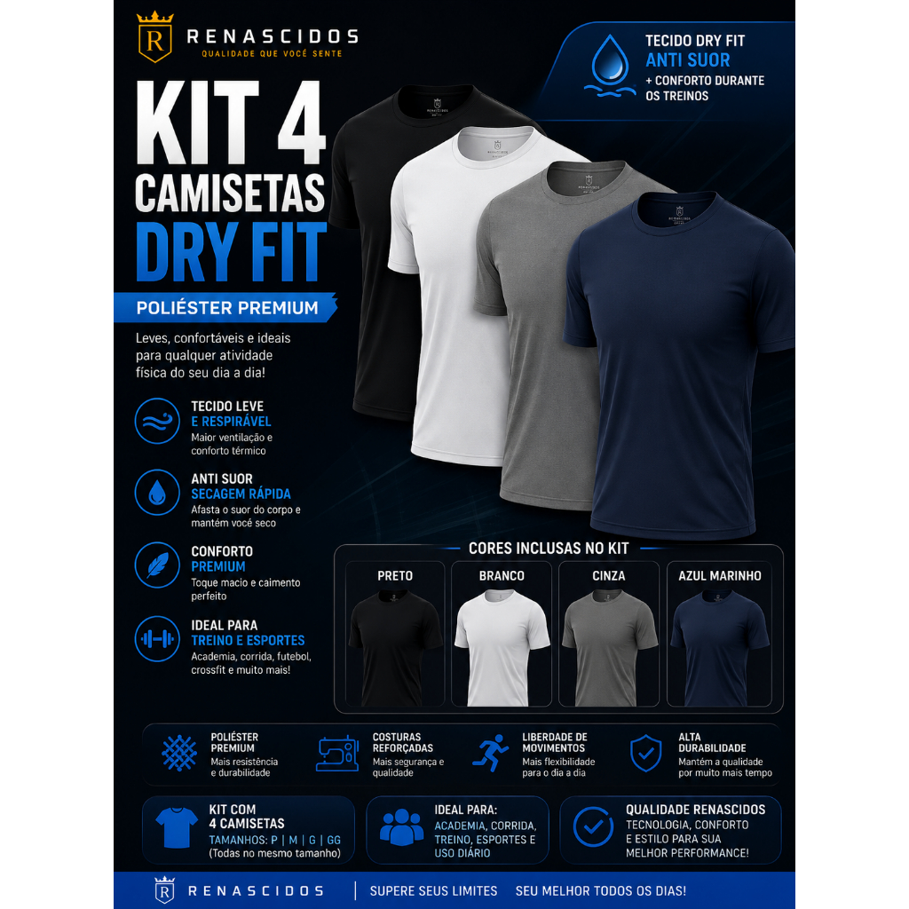 Kit 4 Camisetas Masculinas Dry Fit Esportiva Academia Treino Corrida Poliéster Premium Anti Suor Secagem Rápida