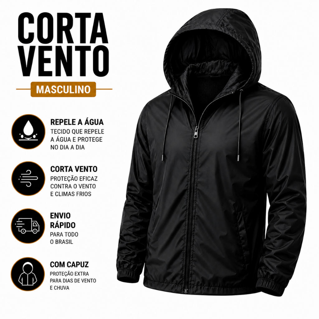 Jaqueta Corta Vento Masculino Impermeável Forrado no Capuz Tecido Leve P ao G4 Plus Size