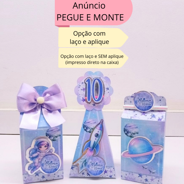 Kit Caixinhas Personalizadas Galáxia Astronauta menina|Lembrancinhas para Festas com laço e aplique Monte em Casa