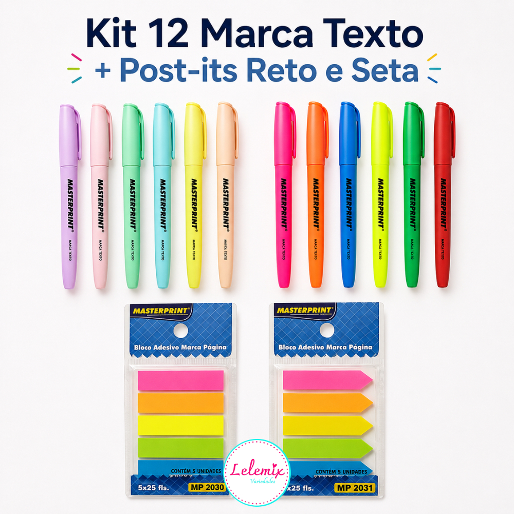 Kit 12 Marca Texto Masterprint 6 Neons + 6 Pastéis + 2 Blocos Notas Adesivo Marcador Página Anotação