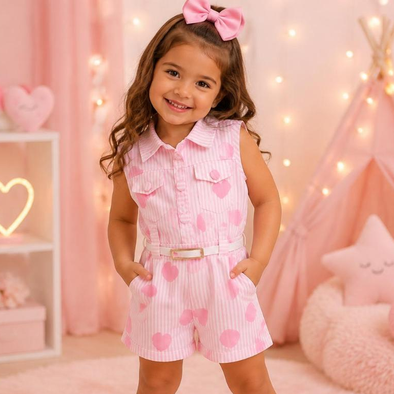 Macaquinho Infantil Menina Com Cinto Conjunto Verão Blogueirinha Estampado Confortável Roupa Criança Meninas Fashion