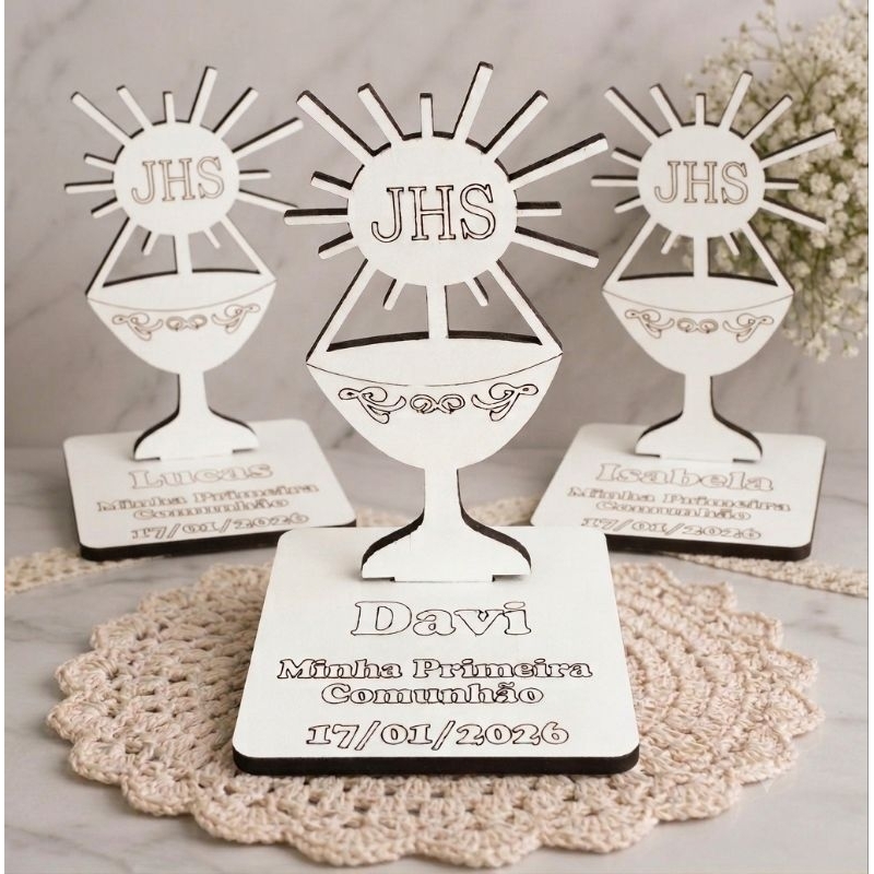 kit Lembrancinhas Personalizadas Primeira Comunhão, Eucaristia, Catequese, Encontros Bíblicos, em Mdf Branco