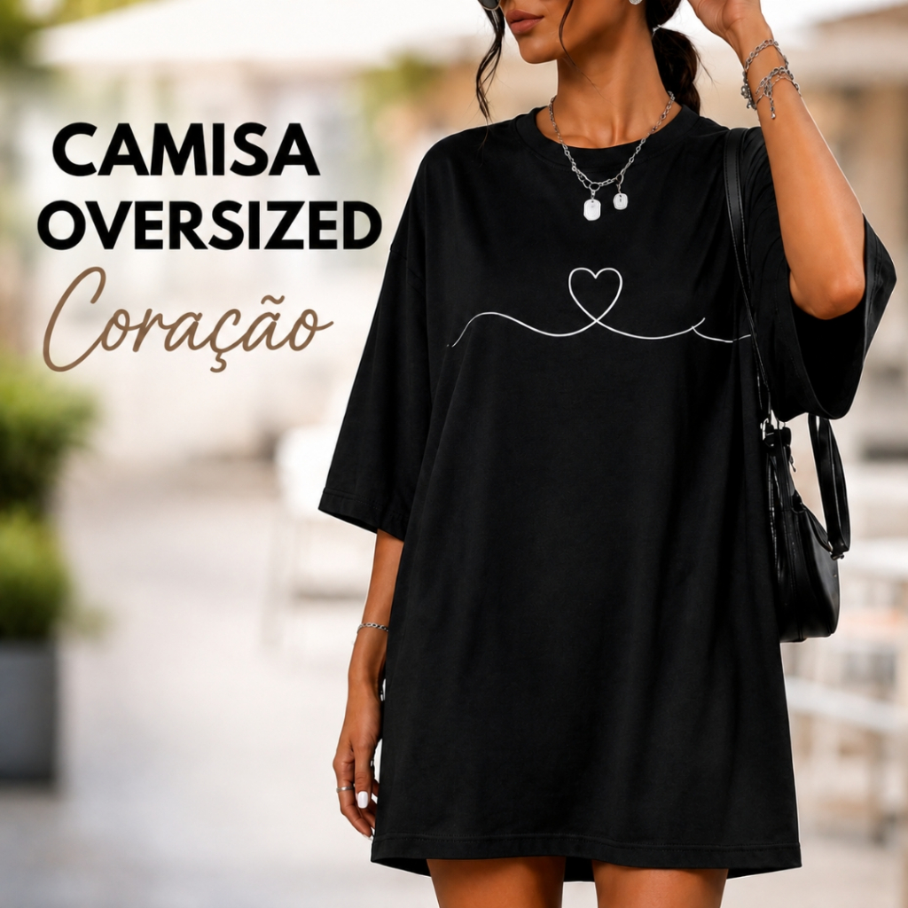 Camiseta Oversized Feminina Estampa Coração 100% Algodão Casual Streetwear