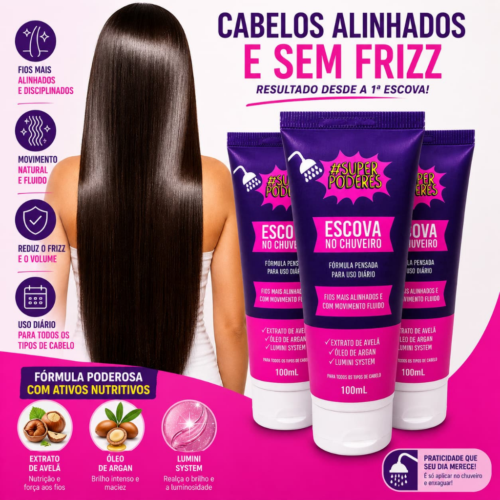 KIT COM 2 Escovas de chuveiro Super Poderes Brilho Espelhado Liso Instantâneo, Sem Formol Anti Frizz Protege a Cor