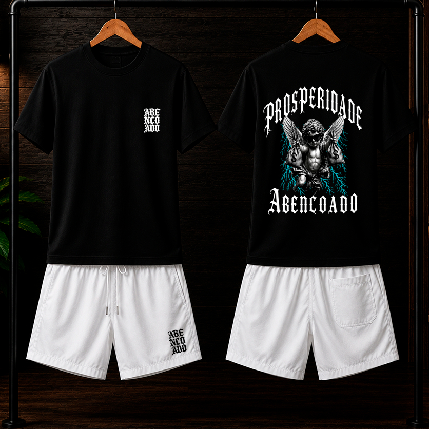 Conjunto Camiseta 100% algodão 30.1 + Bermuda Masculino Tactel Com elastano Estampado ABENÇOADO streetwear