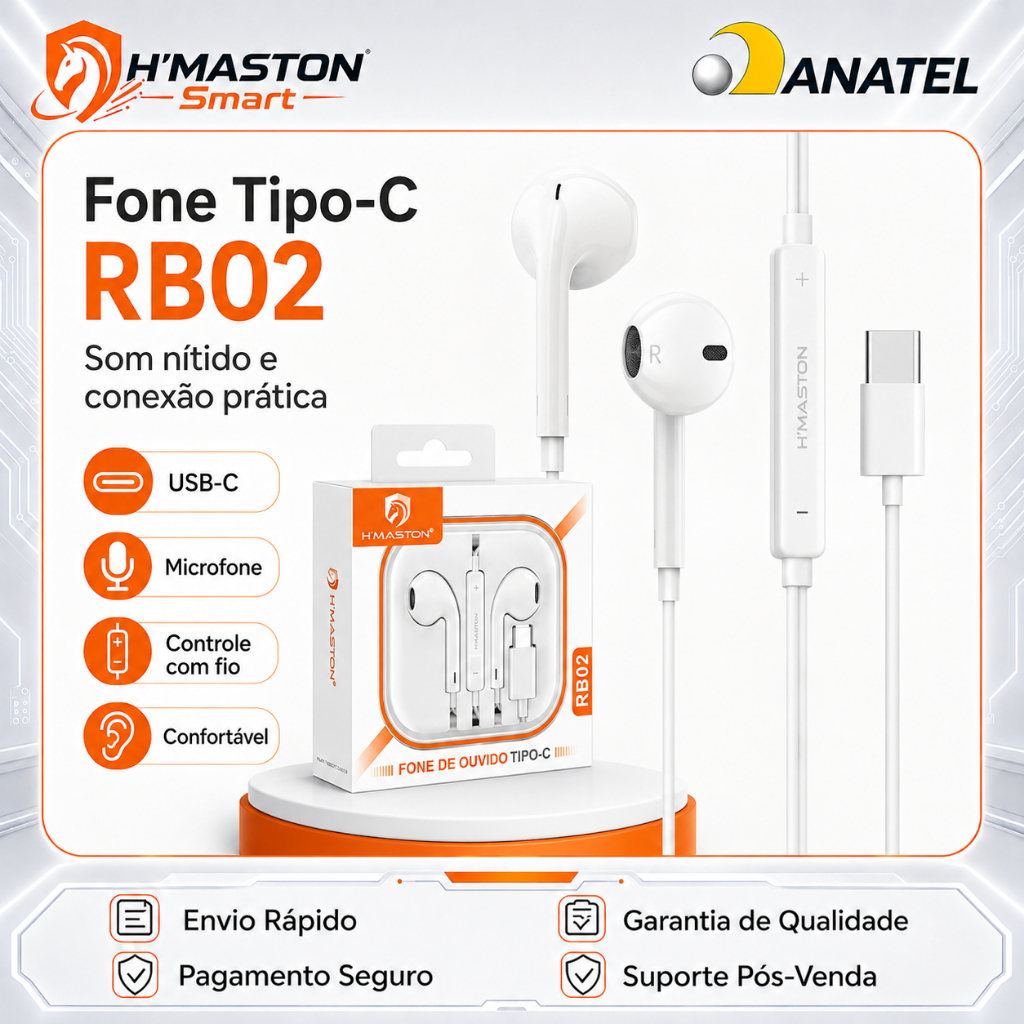 H'maston RB02 Fone De Ouvido Estéreo C Mic Para iPhone Conecta Direta Ios TYPE-C/Lightning/P2