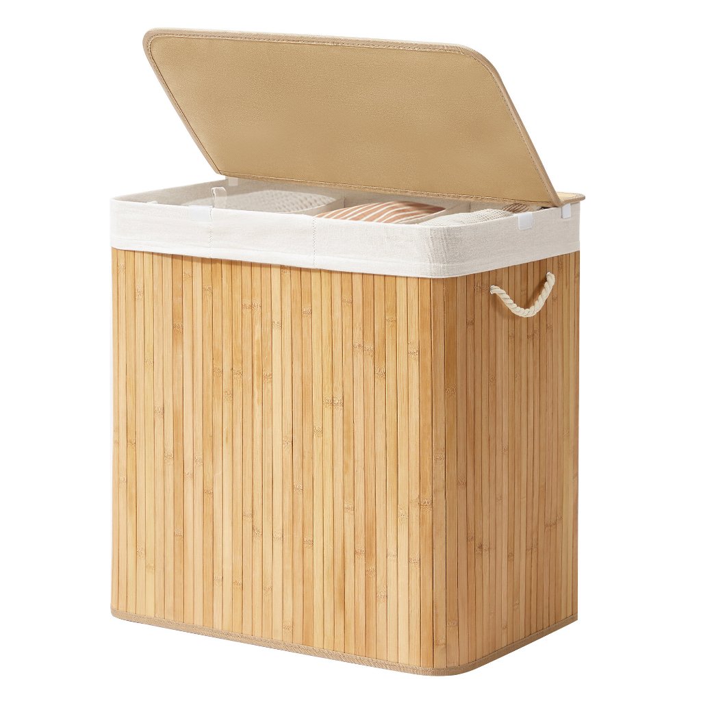 SONGMICS Cesto de Roupa com 3 Compartimentos, 150L Organizador de Roupa com Tampa, Caixa de Bambu com Alças, Dobrável
