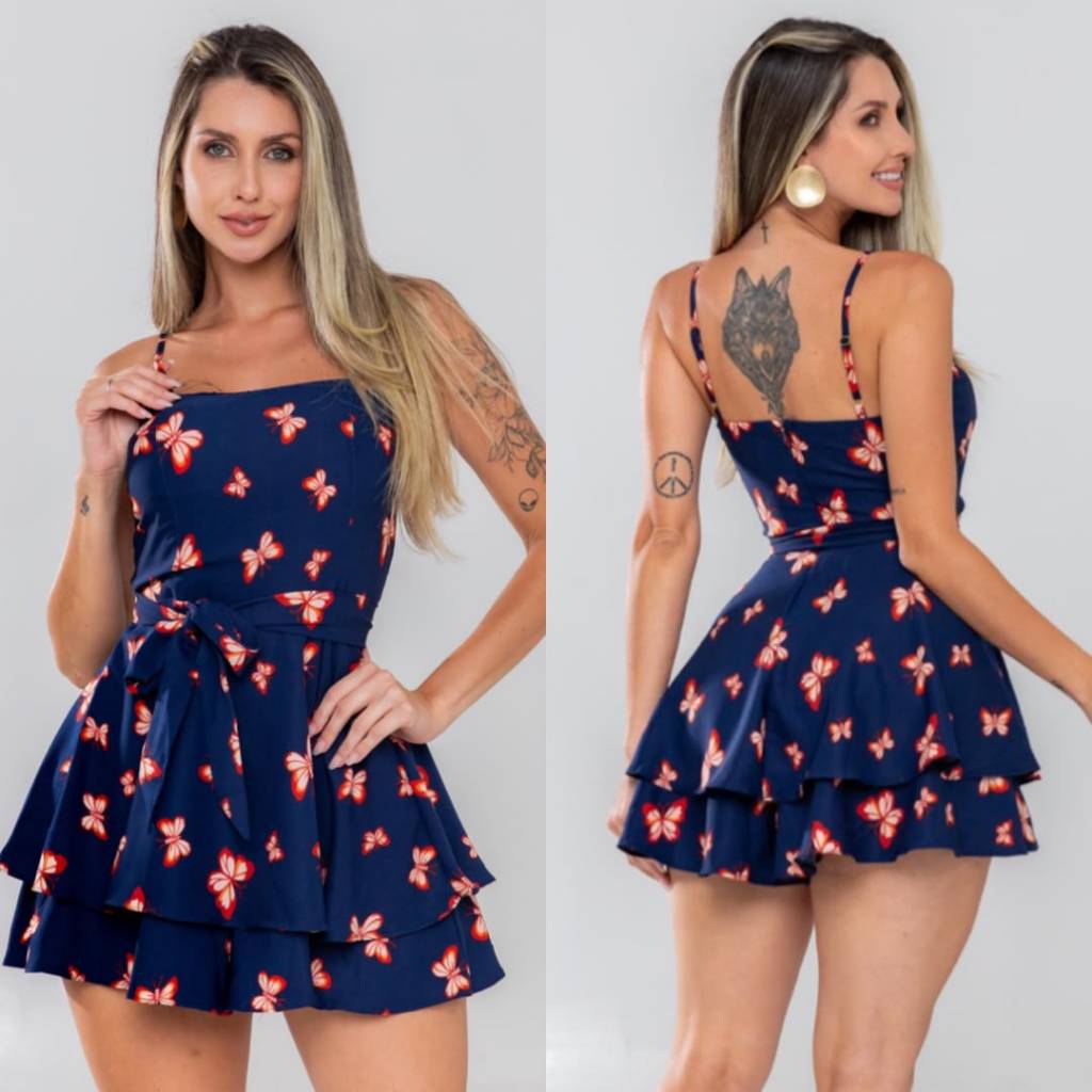 Macaquinho vestido bailarina soltinho Tecido sarja Alça ajustável laço removível Moda Elegante