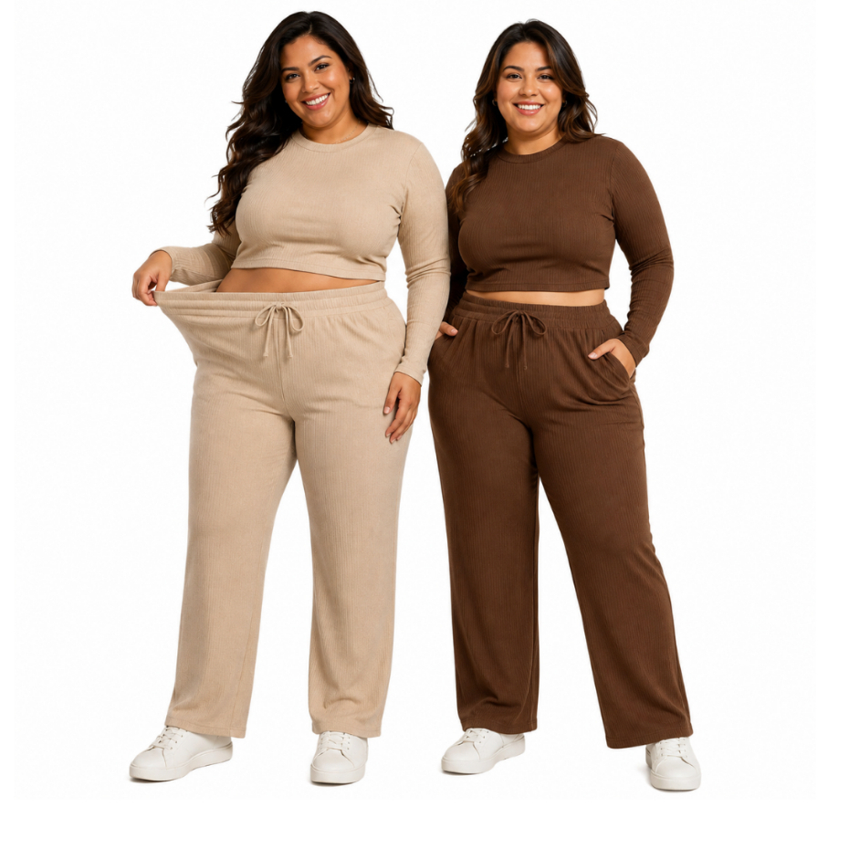 Kit 2 Calça Feminina Preta Pantalona Lisa Com Bolso Cintura Alta Tecido Canelado Confortável