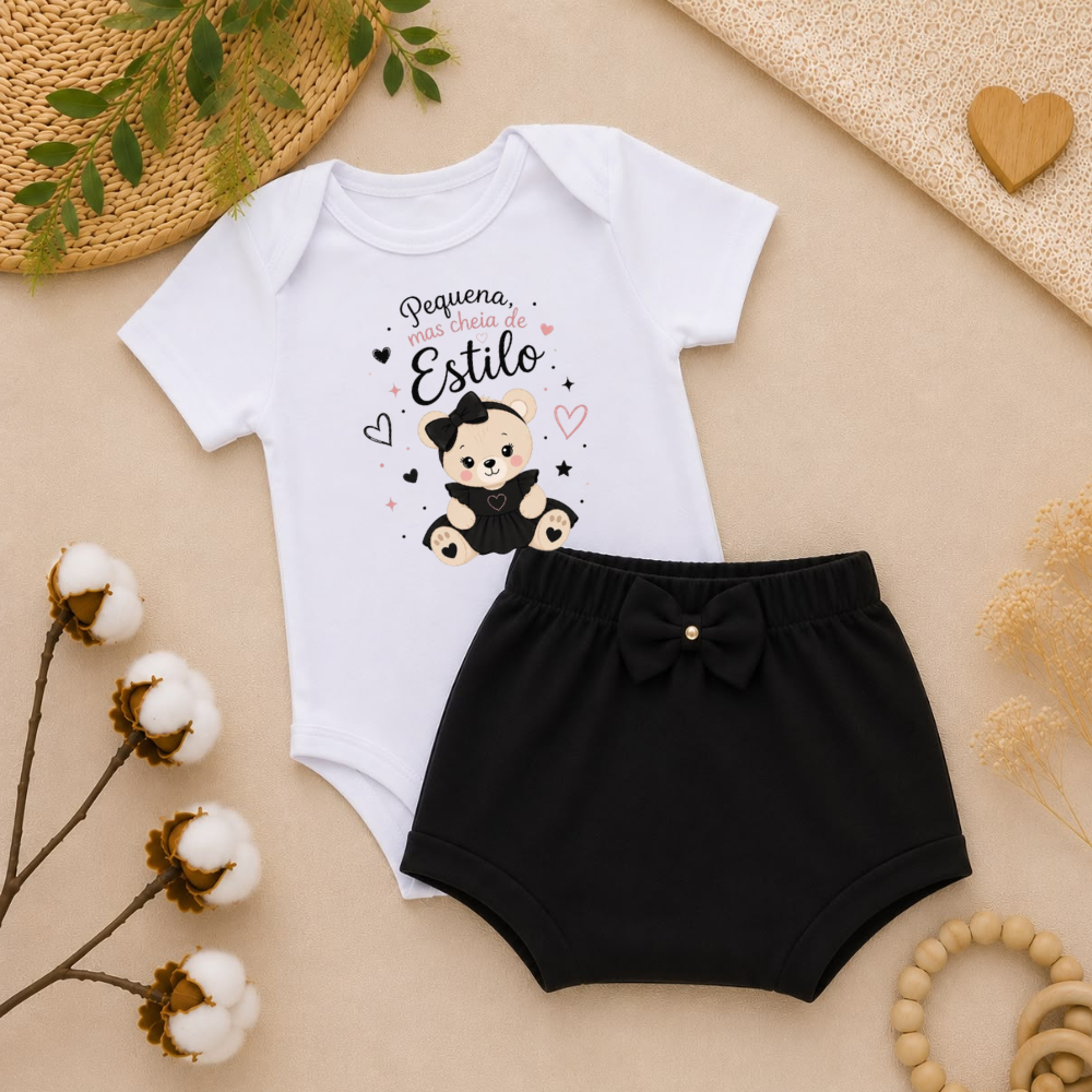 Conjunto de Bebê Short e Body Estampado Feminino Menina 100% Algodão Premium Bori Recém Nascido Verão Calor