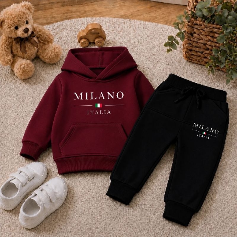 Conjunto de Moletom Canguru Infantil Milano Itália Estampado Com Capuz e Bolso Agasalho Criança Personalizado