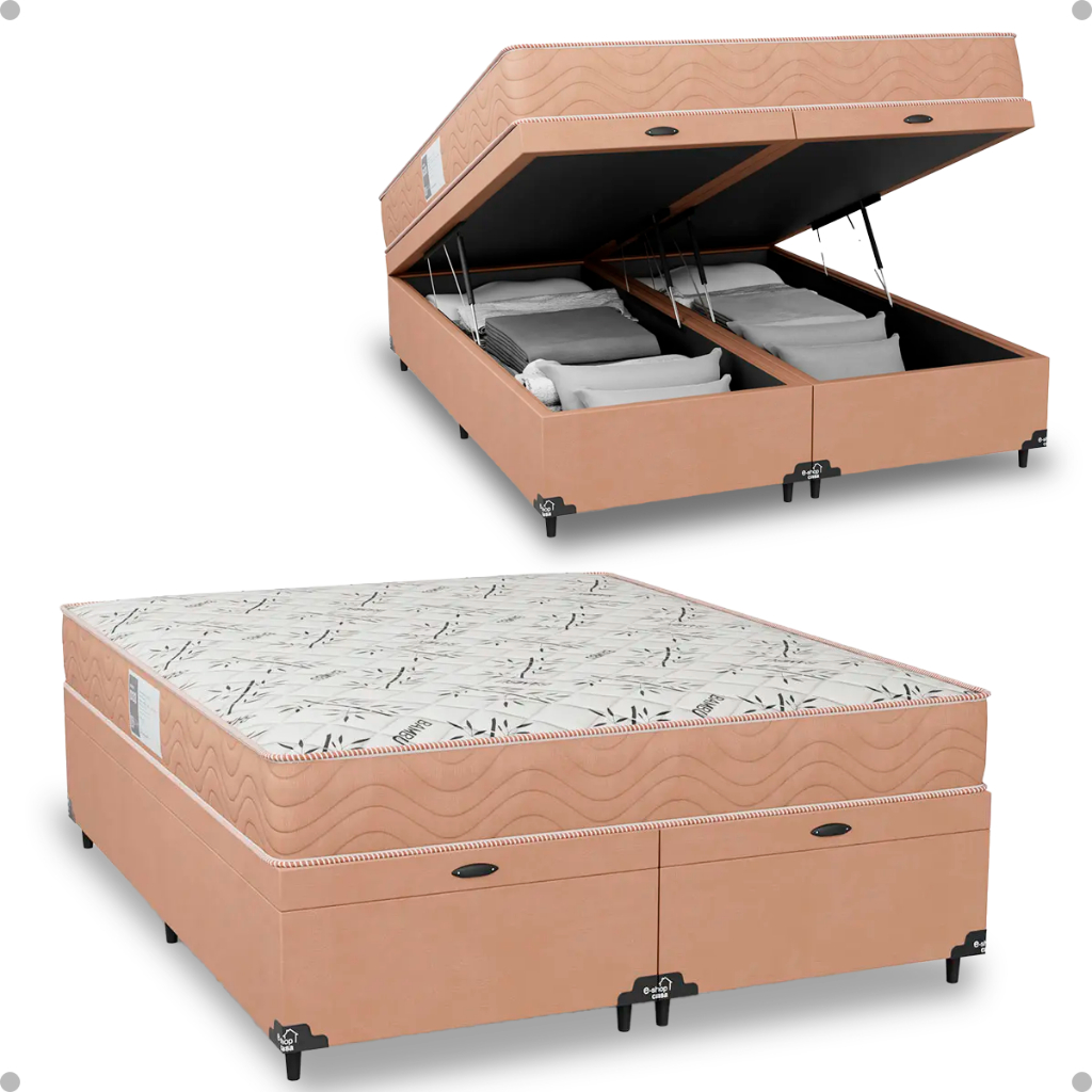Cama Baú Queen Bipartido + Colchão D33 One Face - Suede Bege -e-Shop Casa