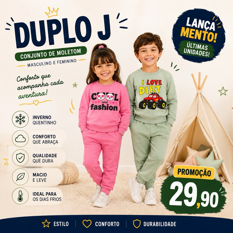 Conjunto Infantil de Moletom Quentinho Masculino e Feminino Inverno