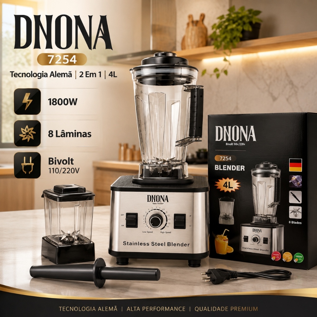 Liquidificador DNONA 7254 2 Em 1 4L 1800W Bivolt Tecnologia Alemã 8 Lâminas Alta Potência
