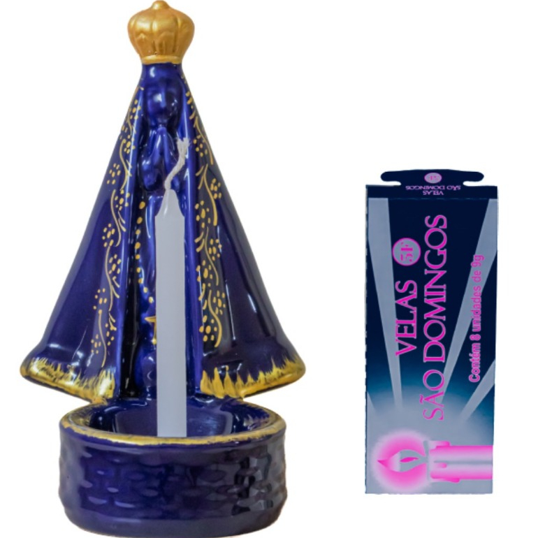 Porta Vela Nossa Senhora Aparecida Cerâmica 17,5cm + 8 Velas palito