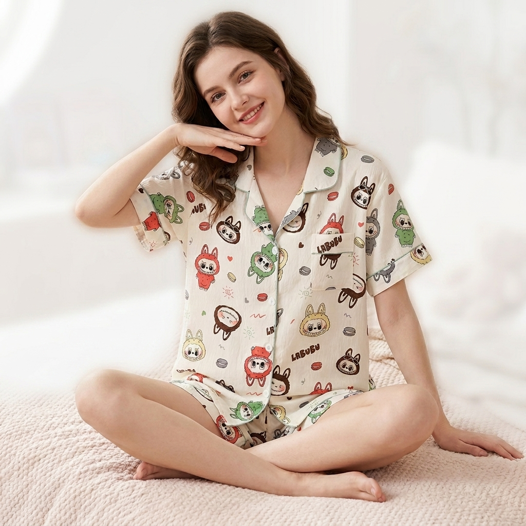 Z&D Lingerie Conjunto Pijama Feminino Estampado Conjunto Algodão Manga e Shorts Sy56
