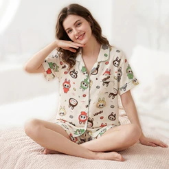 Z&D Lingerie Conjunto Pijama Feminino Estampado Conjunto Algodão Manga e Shorts Sy56