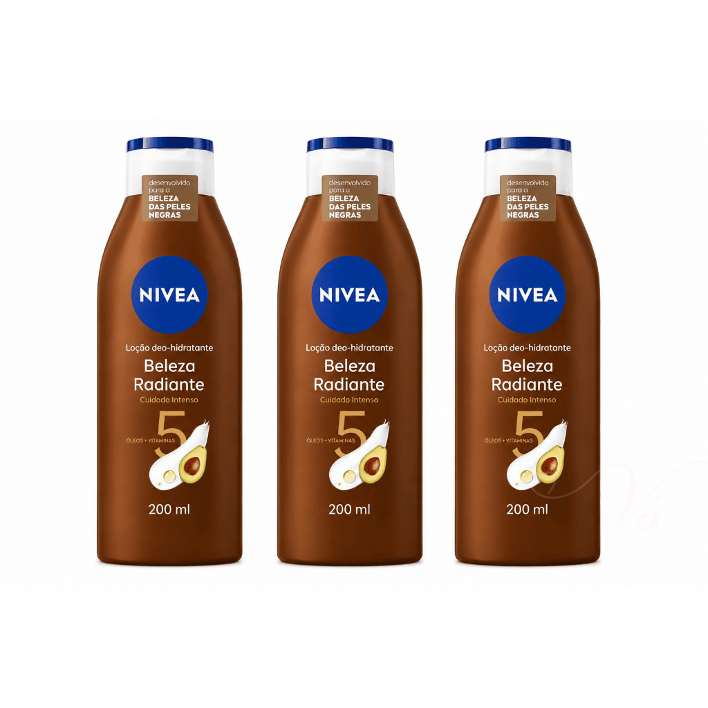 Kit com 03un Loção Deo Hidratante Corporal Nivea Beleza Radiante Cuidado intenso Negra 200ml