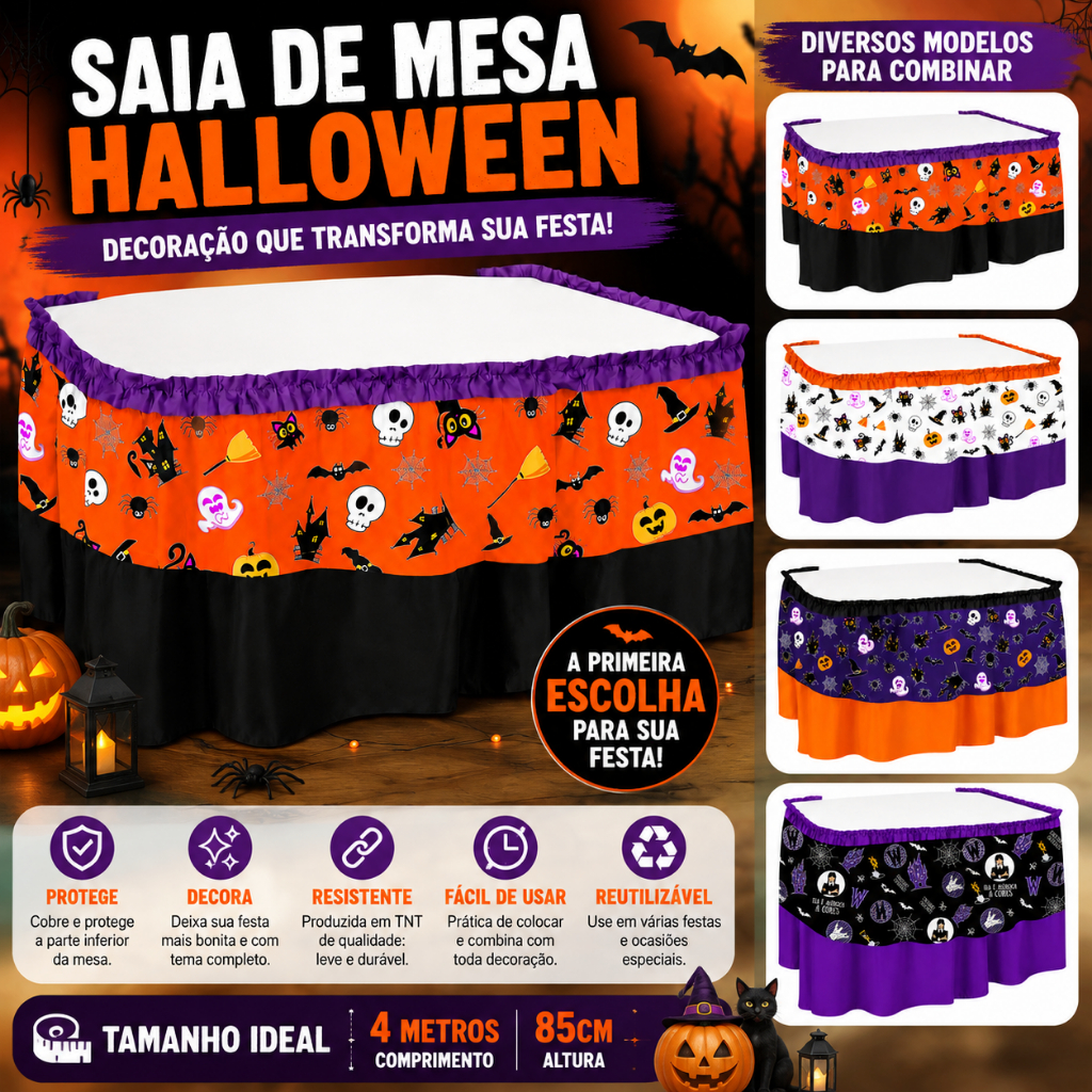 Saia de Mesa Babado Halloween TNT Franzida Decoração Festa Toalha