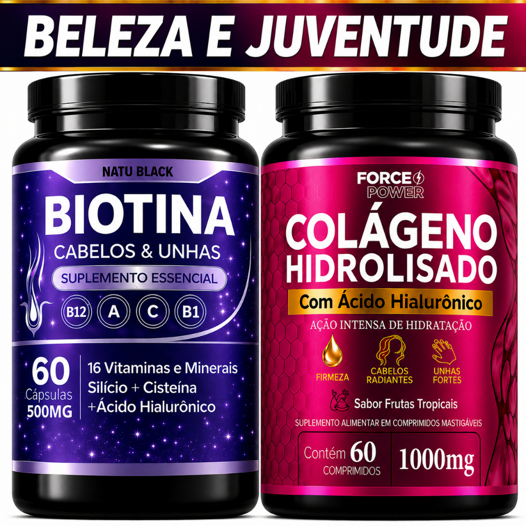 Kit Biotina Original + Colágeno Hidrolisado + Ácido Hialurônico Alta Concentração Pele Un…