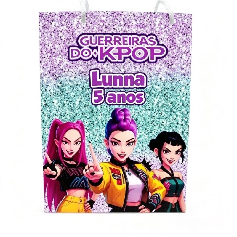 Sacolinha Personalizada Guerreiras Do K-Pop 10 a 40 unidades DESMONTADAS Com Nome e Idade - Lembracinha Festa Infantil