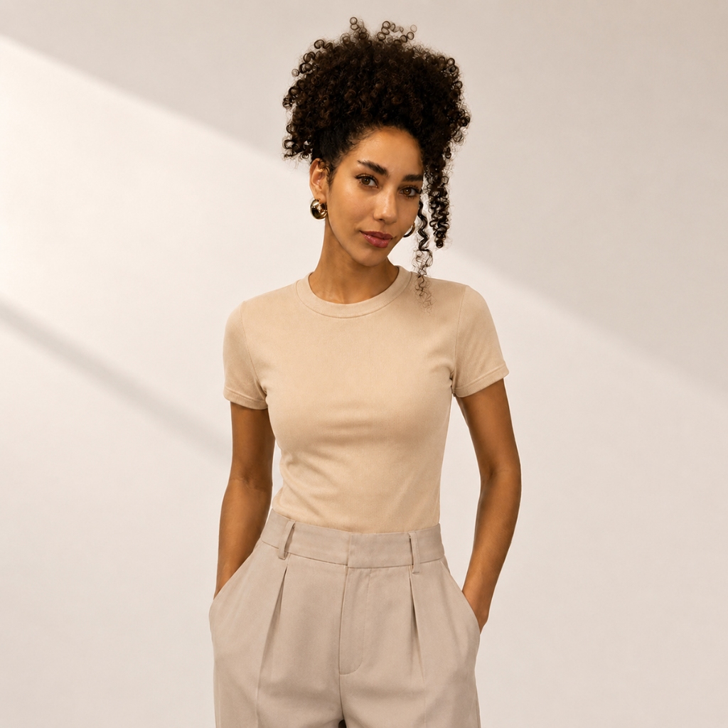 Blusa Feminina Manga Curta Gola Careca Redonda Ribana Canelada Básica Premium T-Shirt Casual Moda