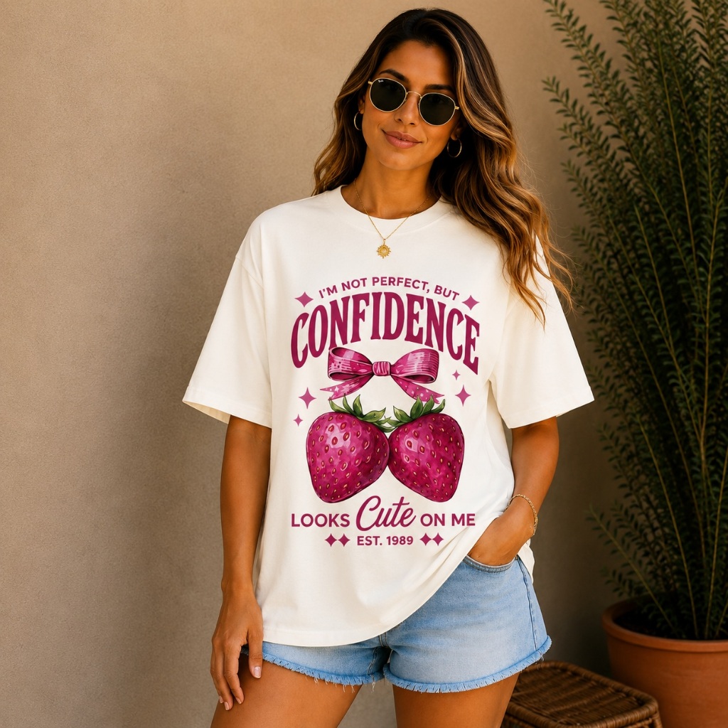 camiseta feminina adulta plus estilosa confidence cute morango moderna versatil tendencia chic confortavel casual fofa