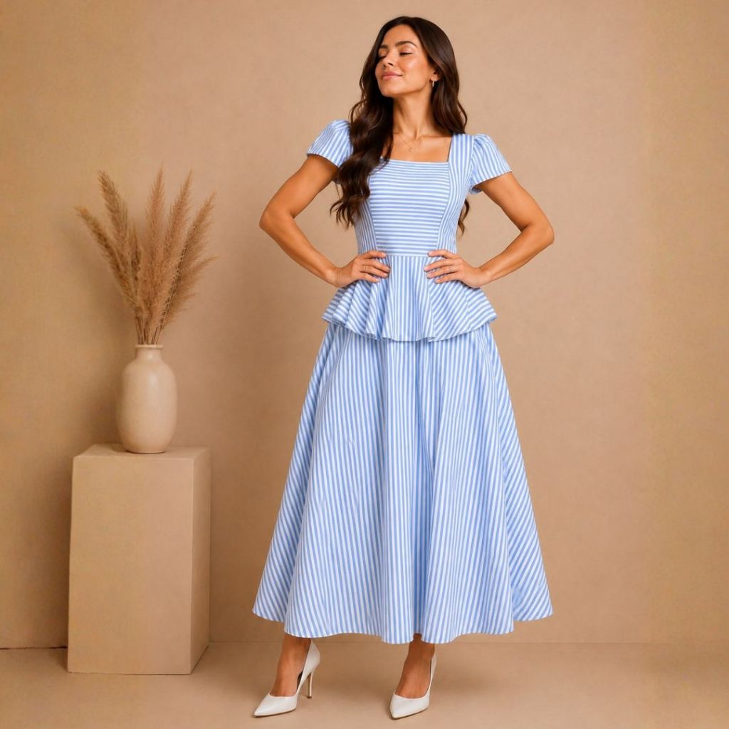 Conjunto Feminino Saia Midi e Blusa Peplum Manga Curta com Babado Elegante Moda Modesta Evangélica Trabalho Estruturado