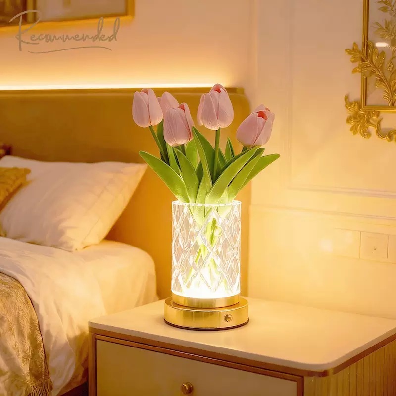 Luminária Vaso de Mesa 3 Tons Abajur Cristal Candeeiro Cabeceira LED Recarregável Decoração Sala Quarto