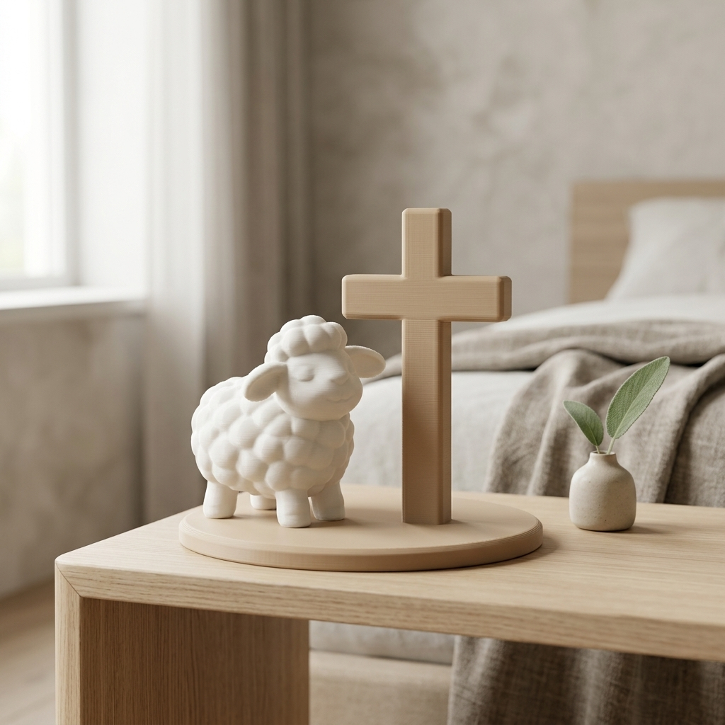 Ovelha com Cruz de Cristo Decoração Cristã Enfeite Religioso Jesus Fé Presente Católico Evangélico para Casa