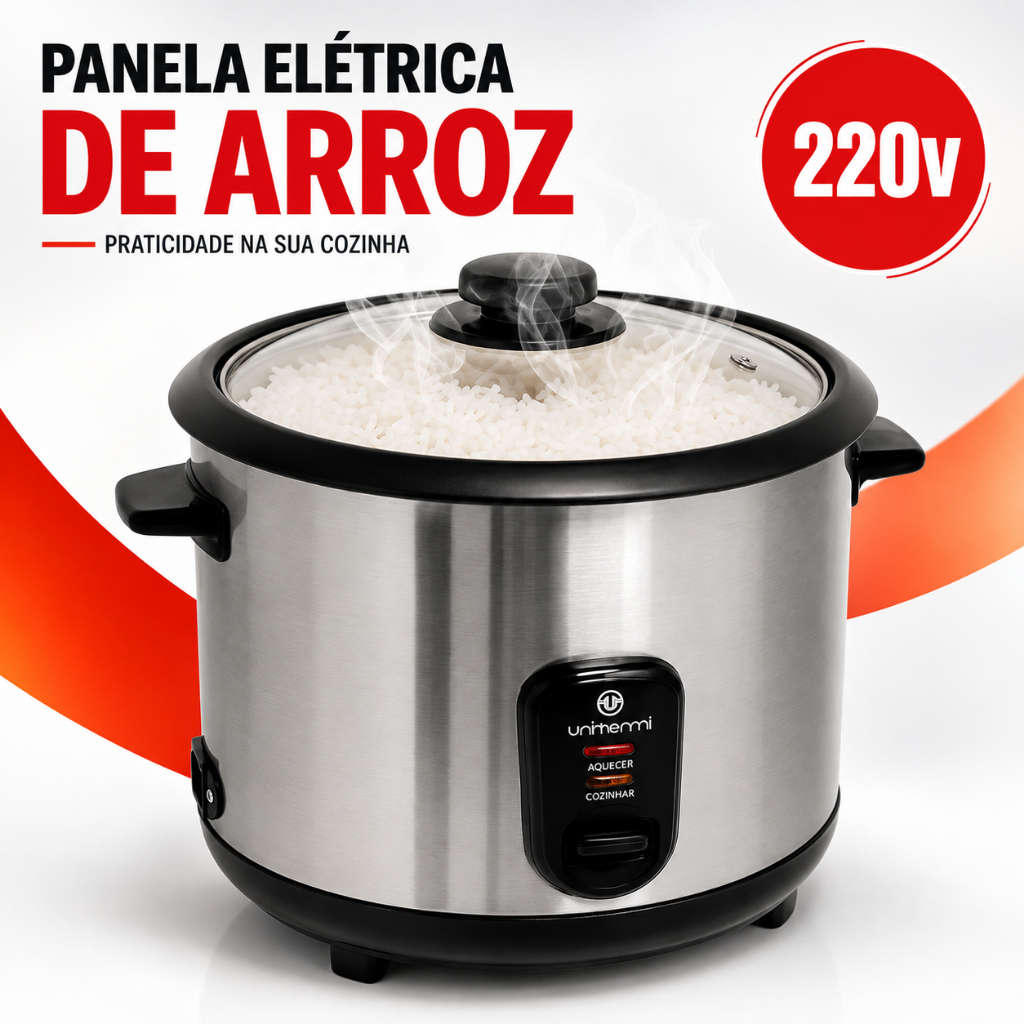Imagem Panela de Arroz Elétrica Aço Inox Antiaderente 6 Xícaras UNITERMI 220V Prática Compacta