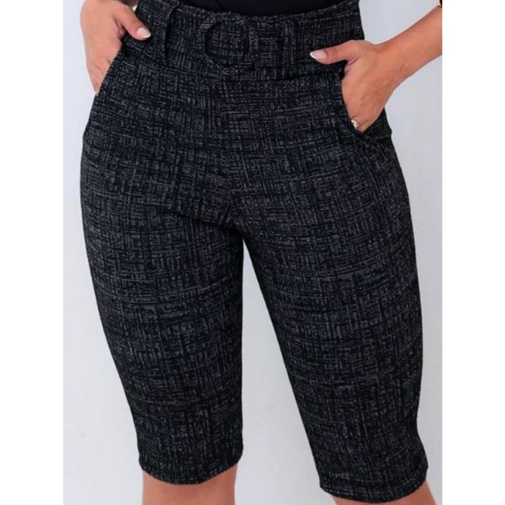 BERMUDA CINTO FEMININA JACQUARD MESCLA SOCIAL CINTURA ALTA COM BOLSOS