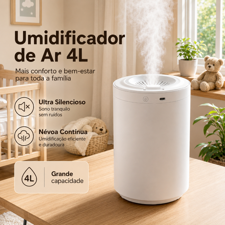 Umidificador de Ar 4L Ultra Silencioso com Névoa Contínua Ideal
