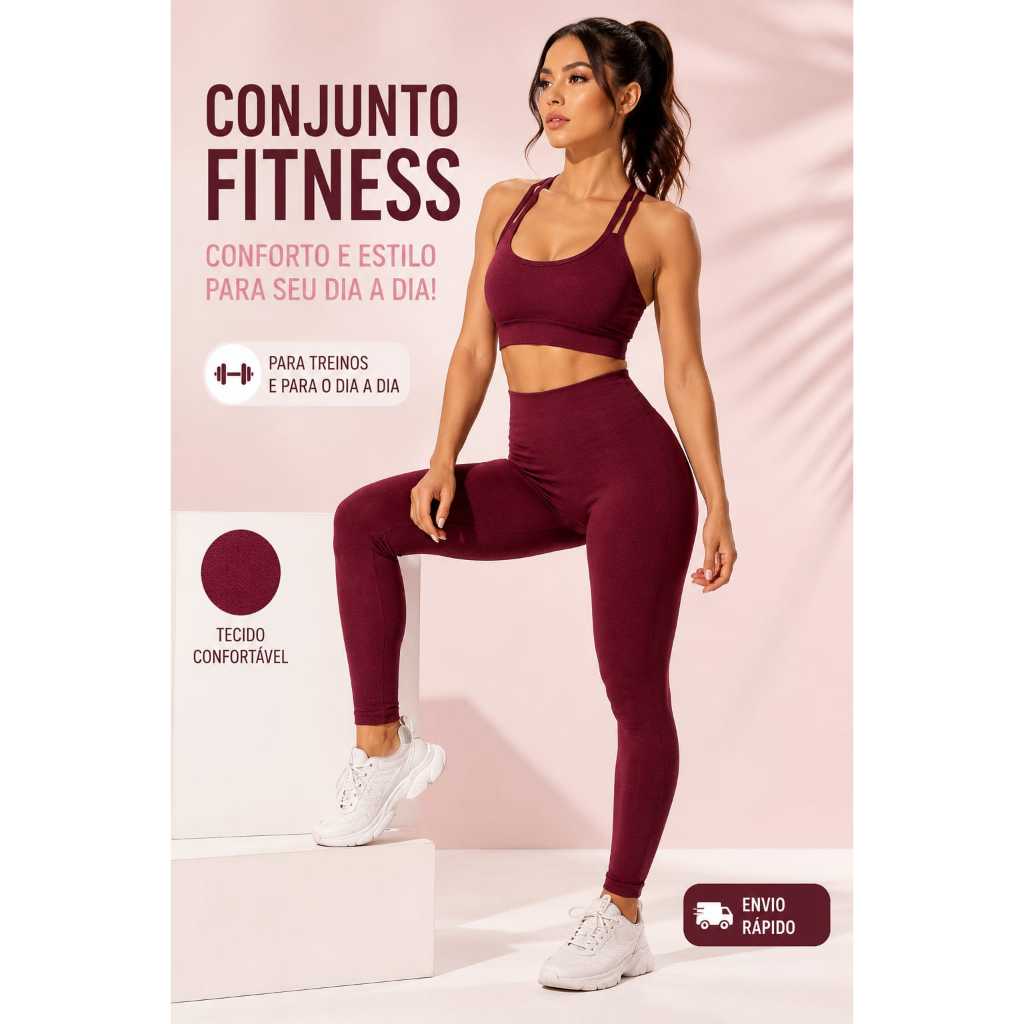 Conjunto Academia Feminino Canelado Top com Bojo e Calça Legging Fitness Treino Ginástica