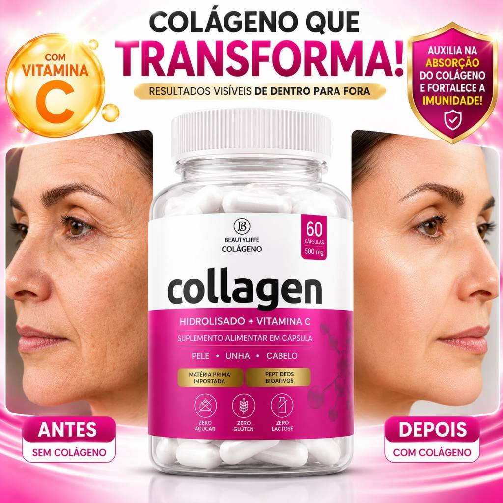 Colágeno Hidrolisado + Vitamina C e Acido Hialurônico - Collagen BeautyLiffe 60 cps 500mg