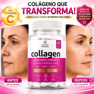Colágeno Hidrolisado + Vitamina C e Acido Hialurônico - Collagen BeautyLiffe 60 cps 500mg