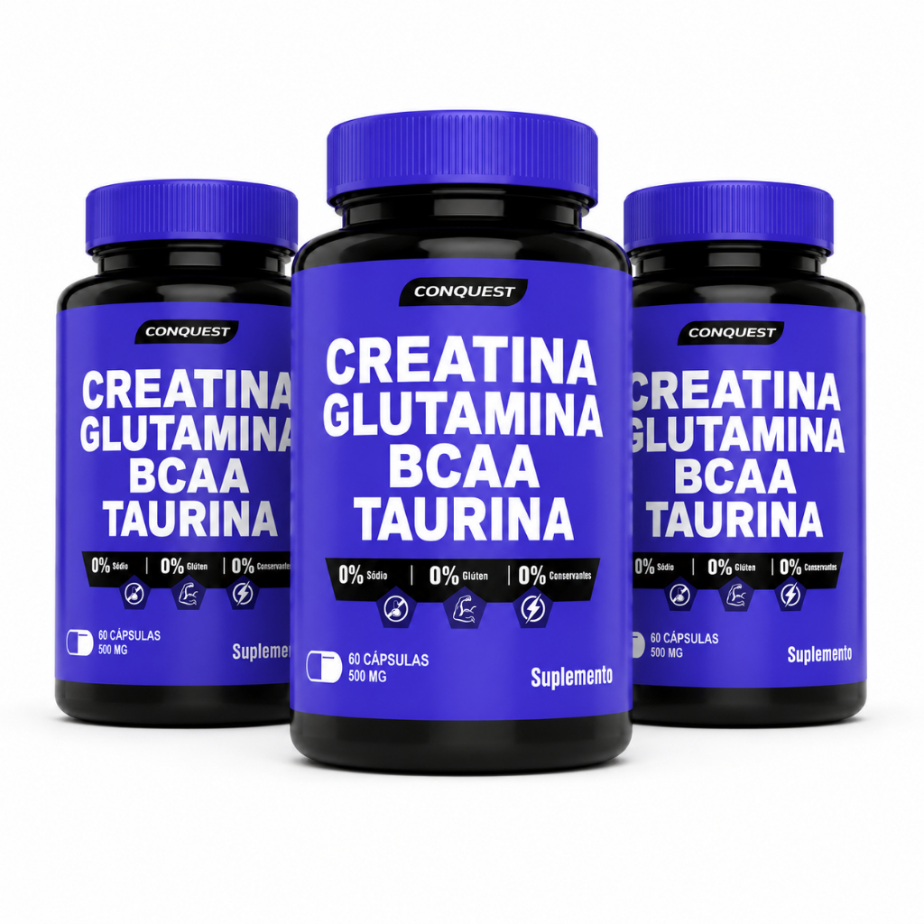 Creatina + Glutamina + BCAA + Taurina Massa Muscular Rápida 500mg 60 Cápsulas