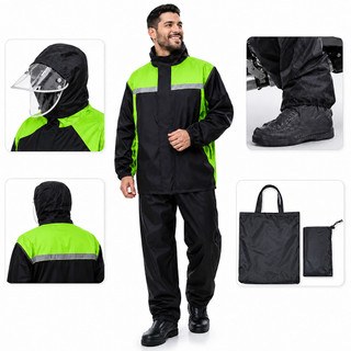 Conjunto Capa de Chuva Motoqueiro Impermeável com Calça Faixa Refletiva Capuz Viseira e Cobre-Sapatos