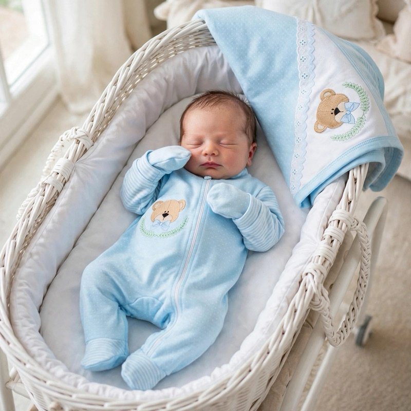 Conjunto Saída Maternidade Menino Azul Urso Ted Bordado Kit 3 Peças Macacão Manta e Luva