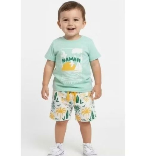 Conjunto Masculino Bebê Menino Shorts e Camisa Estampada Safari 100% Algodão Confortável