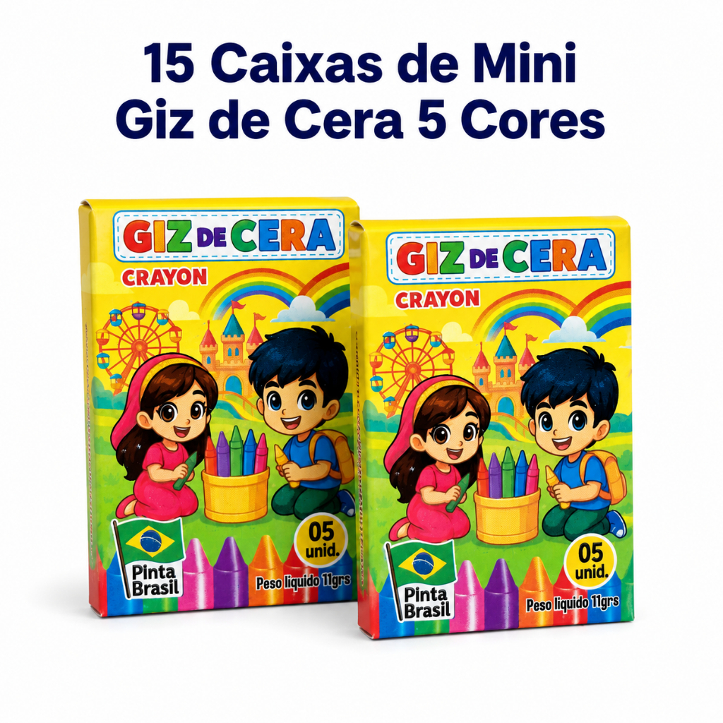 15 Cx Mini Giz de Cera 5 Cores P/ Kit Festa Infantil Lembrancinha