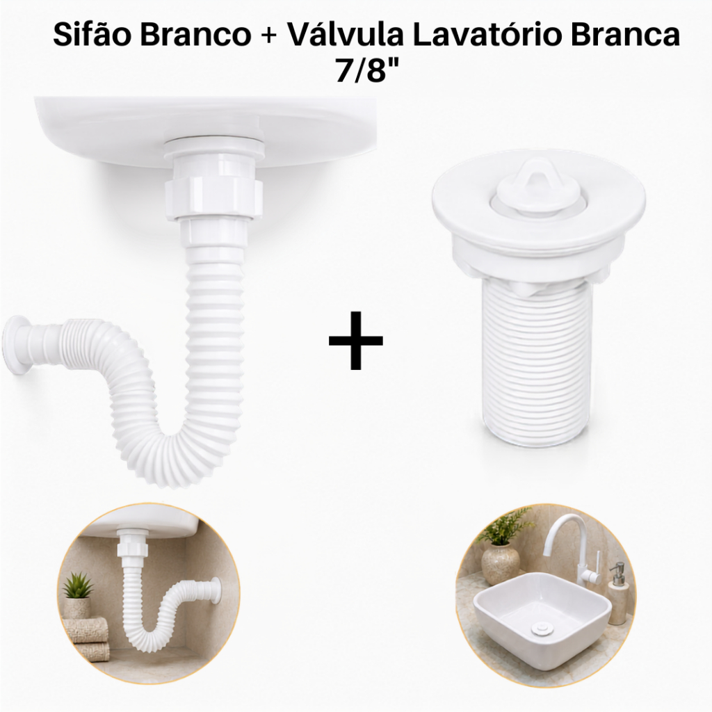 KIT Sifão Branco + Válvula Branca 7/8" ABS - Sanfonado Flexível Cozinha Banheiro Lavatório Gourmet